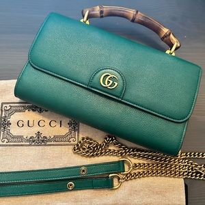 Gucci: 2022 Green Leather Bamboo Handle Bag and Detachable Gold Chain. L 9.5 W 6